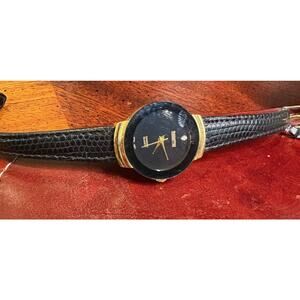 Women's Gold Tone Manhattan Diamond Watch, Black Face and Bezel, Leather Band